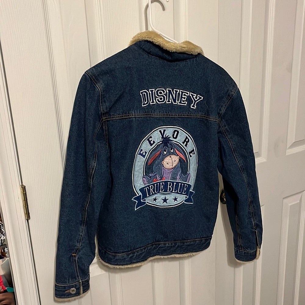 embroidered disney fur lined jean jacket